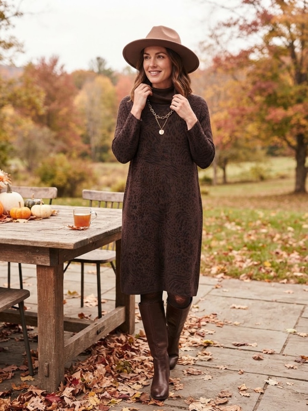 Nina Leonard Woman Plus Size Animal Print Turtleneck Sweater Dress 1+ Brown Wool